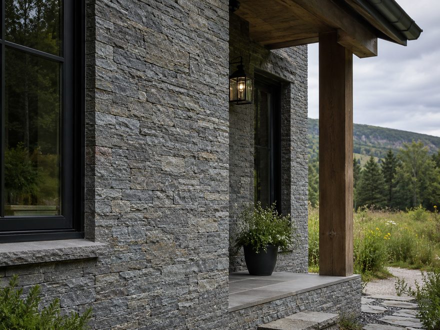 Natural stone veneer on a modern Vermont home